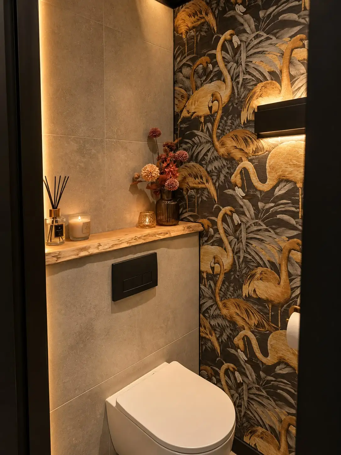 Toiletruimte met een wand vol donker behang met een flamingopatroon, naast strak gestuukt werk