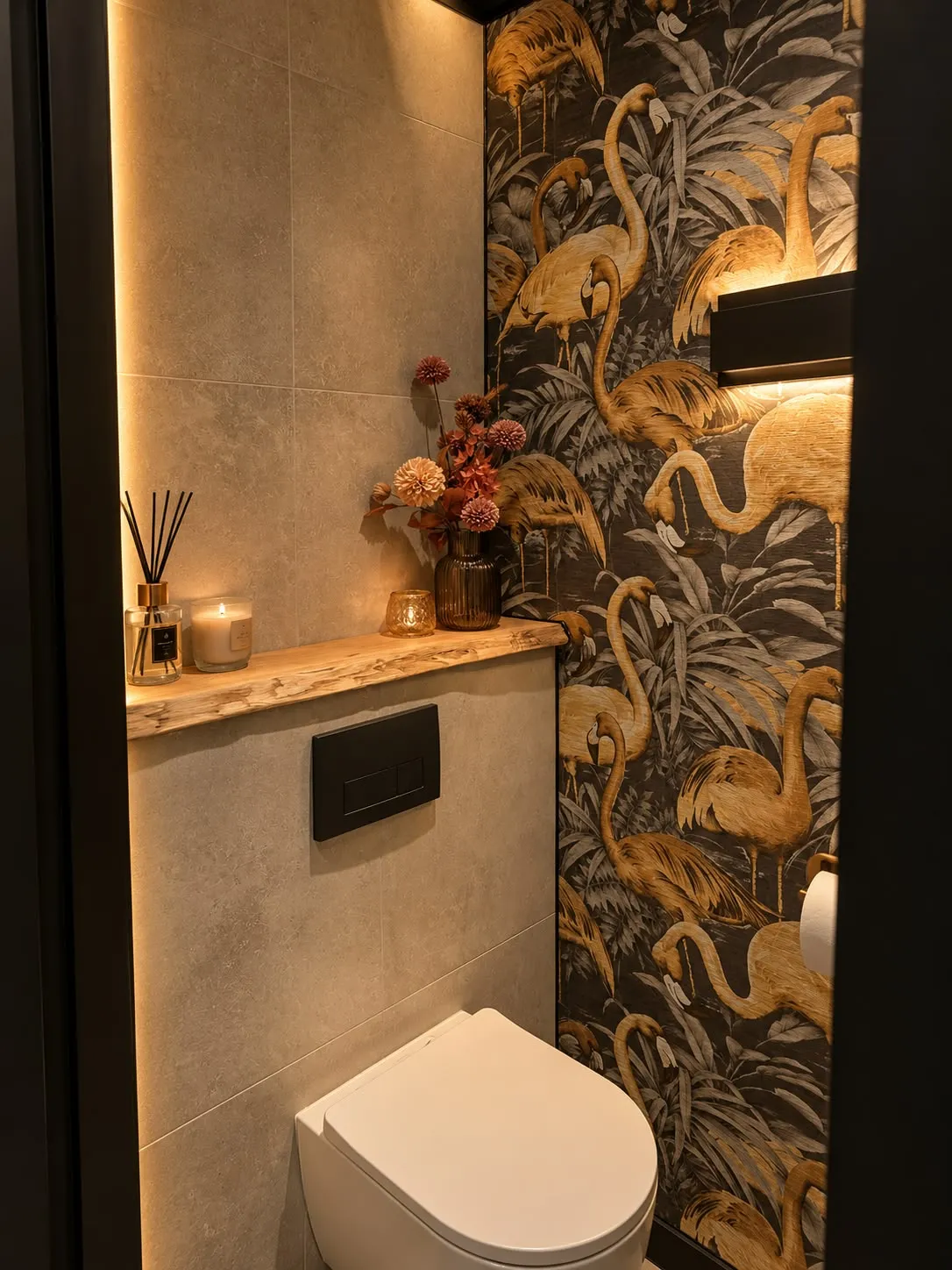 Toiletruimte met een wand vol donker behang met een flamingopatroon, naast strak gestuukt werk