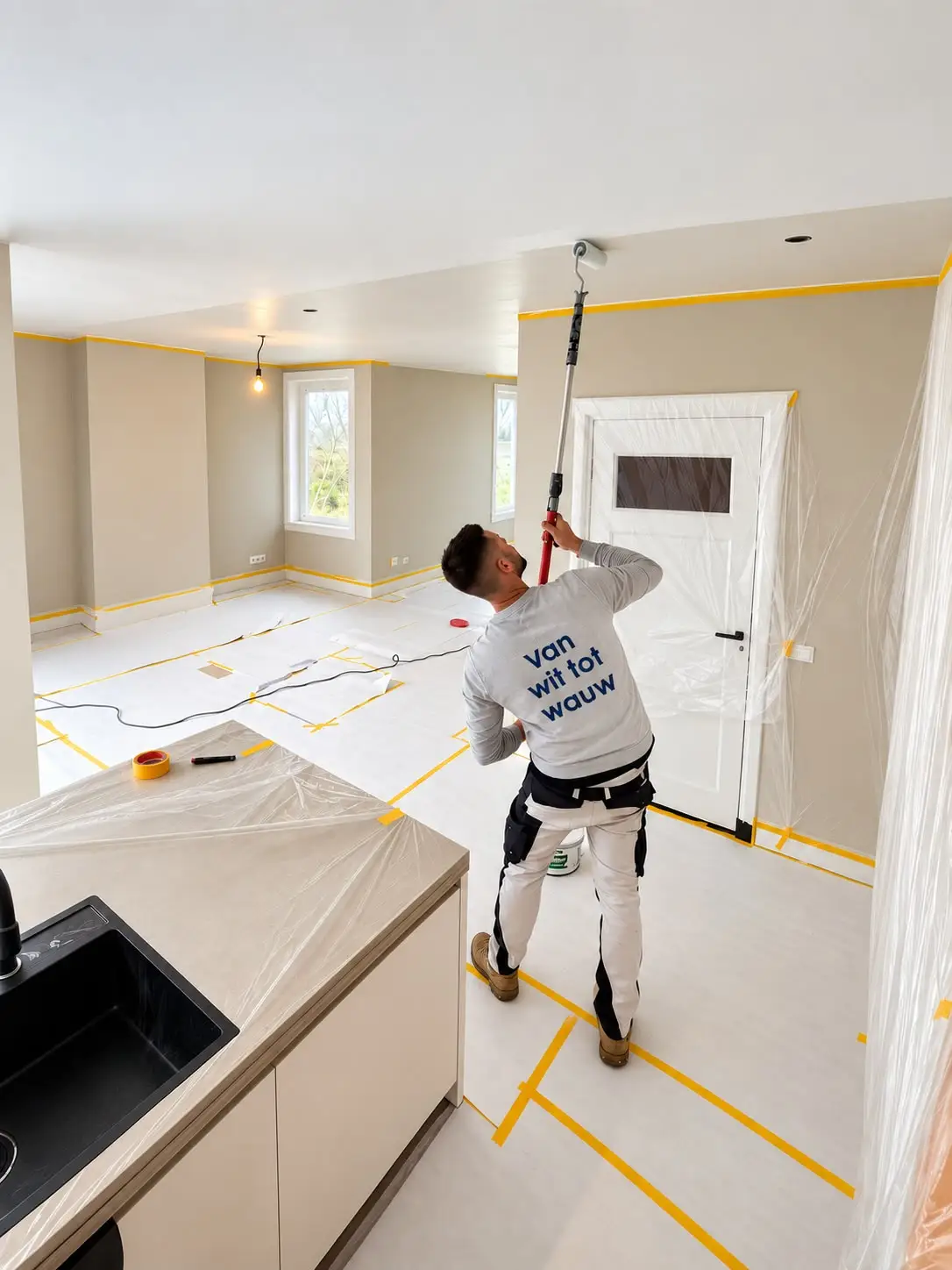 Schilder spuit het plafond van een woonkamer die volledig is afgeplakt en afgedekt
