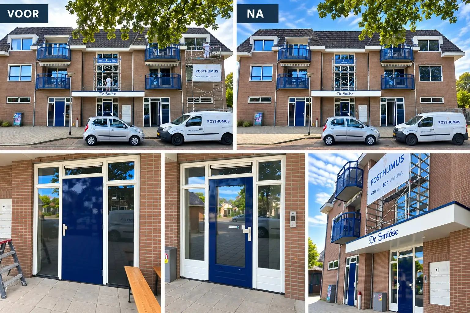 Vergelijking voor en na van een appartementencomplex met blauwe entreedeuren en balkonhekken