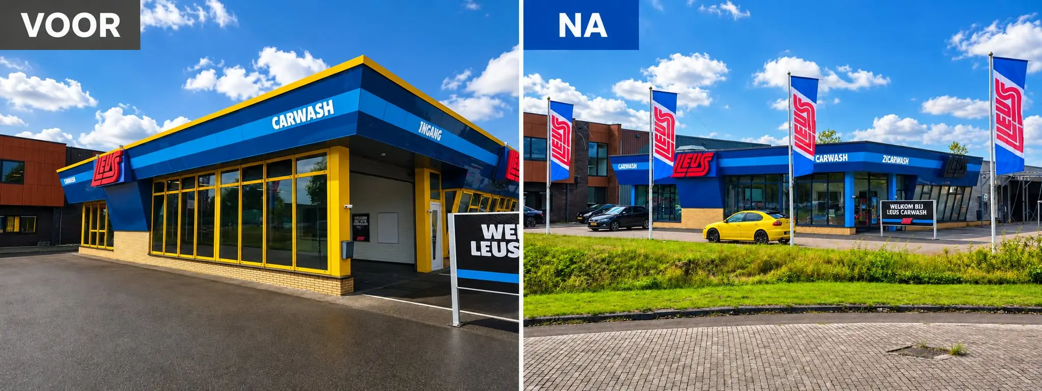 Vergelijking voor en na van een carwash, van gele naar blauwe gevelbeplating