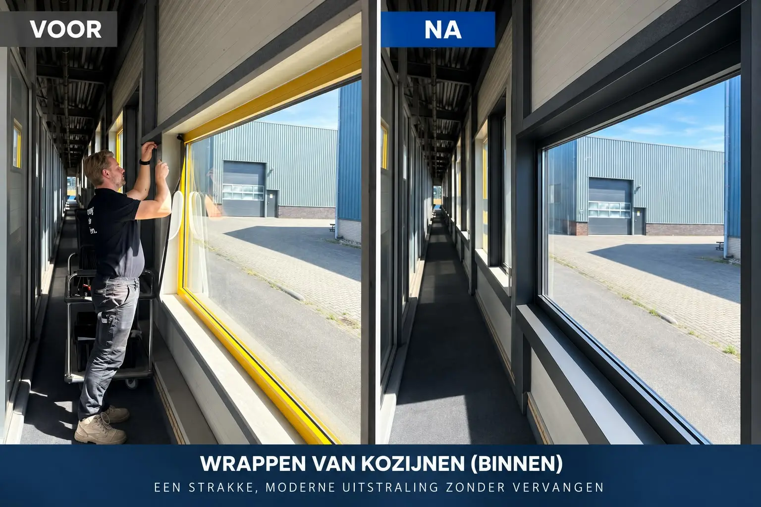 Vergelijking voor en na van een binnenkozijn dat van een gele naar een donkere afwerking is gebracht